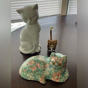 Lot of 3 CAT figures. Floral Chintz, Wood, Ceramic
